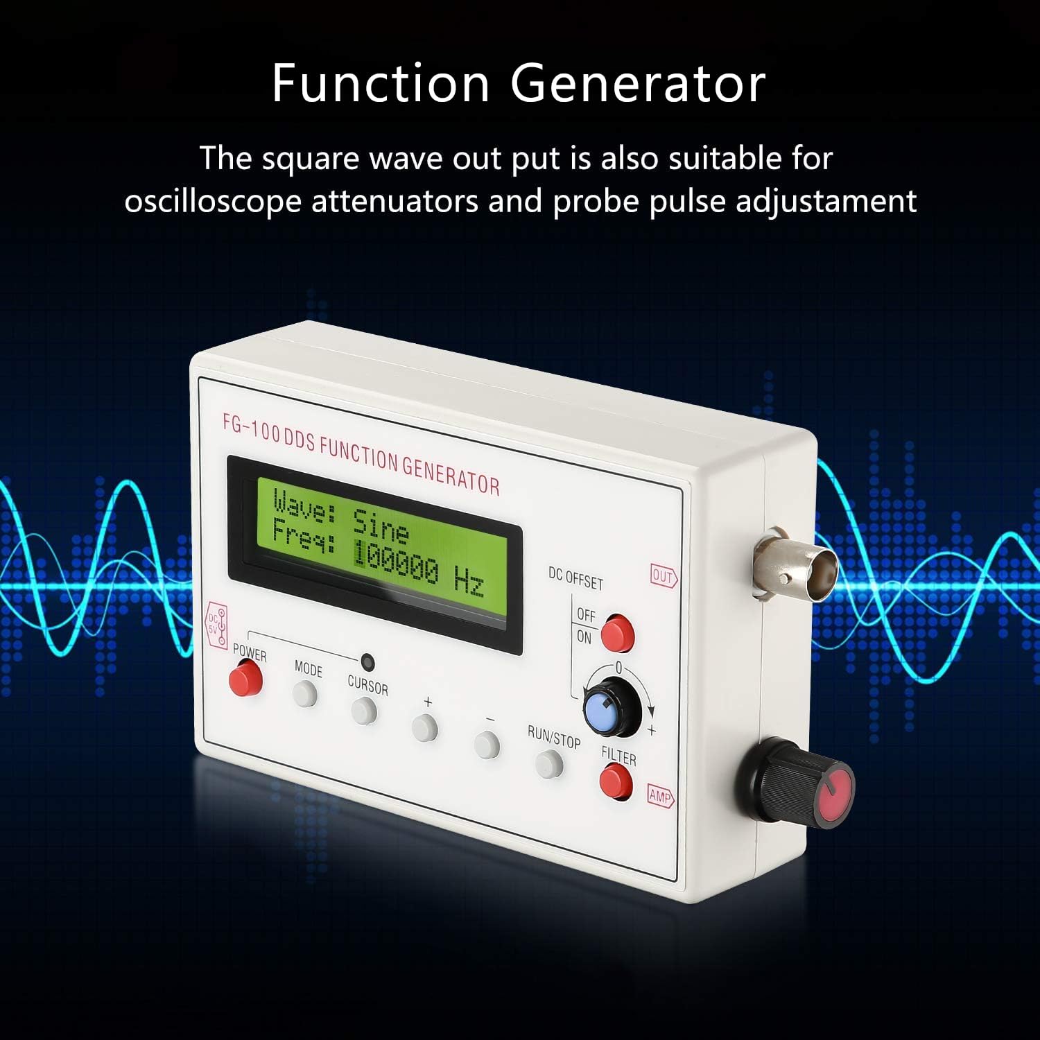 TsoLay 1HZ-500KHz DDS Generador De Señal De Función, FG-100 Generador De Frecuencia Portátil con Filtro, Seno/Triángulo/Cuadrado/Diente De Sierra De Forma De Onda, para La Calibración