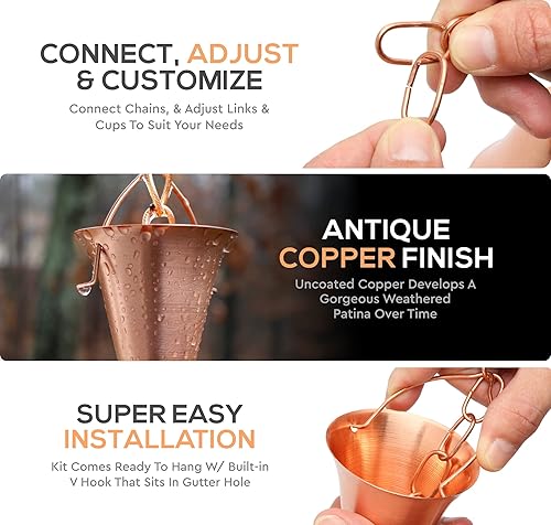 Miniatura 8 de Cadena de lluvia para canalones, cobre, fabricado para bajantes y perfecto para fines decorativos en su jardín, por dorado Canarias, escuela forma