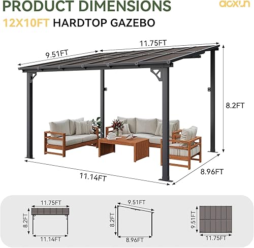 Miniatura 25 de Aoxun Pérgola de 8 x 5 pies para patio, cenador con techo inclinado, pérgola para parrilla grande montada en la pared, toldos resistentes, para Negro