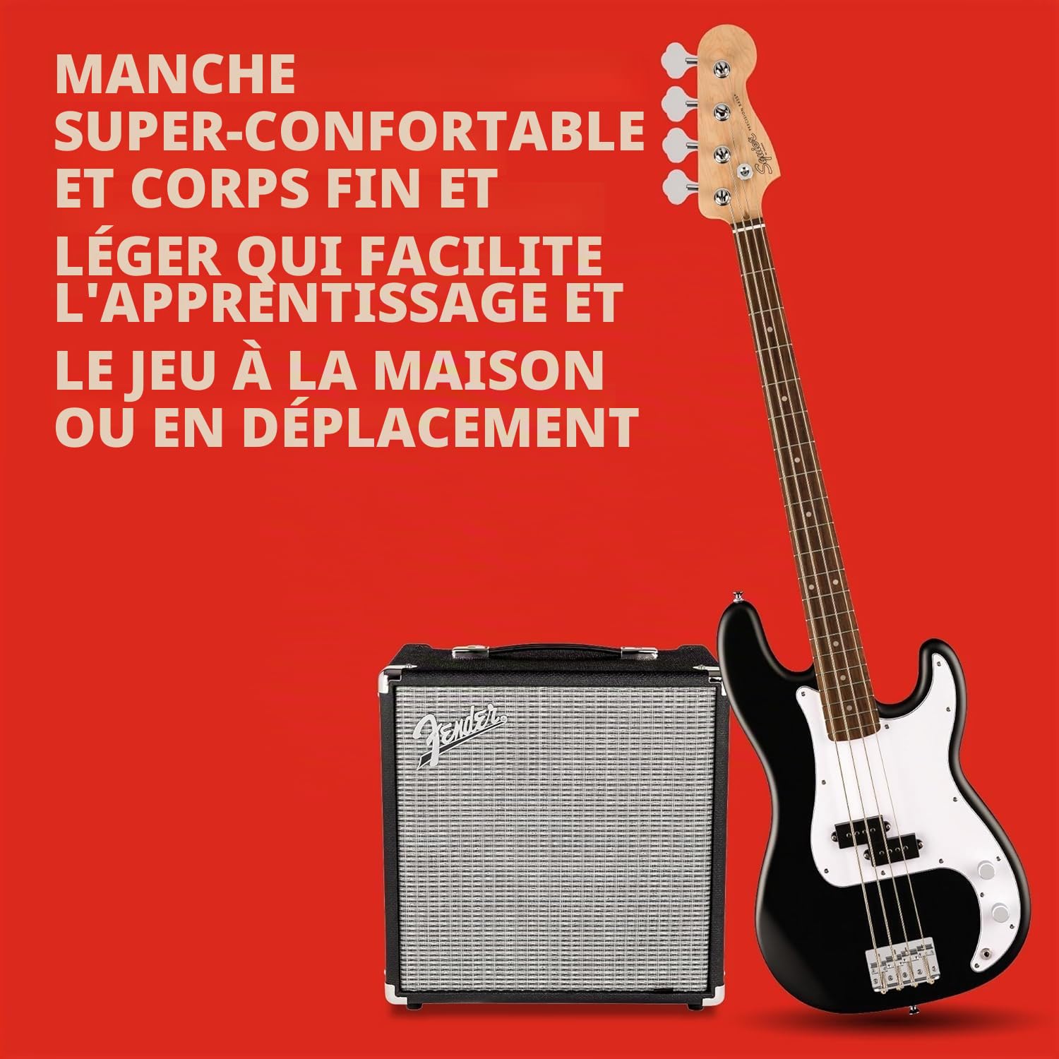 Squier by Fender Debut Collection Guitare électrique basse de précision Comprend Rumble 15 Amp, sac de transport, sangle, câble, médiators, accordeur, support, cordes supplémentaires + 3 mois