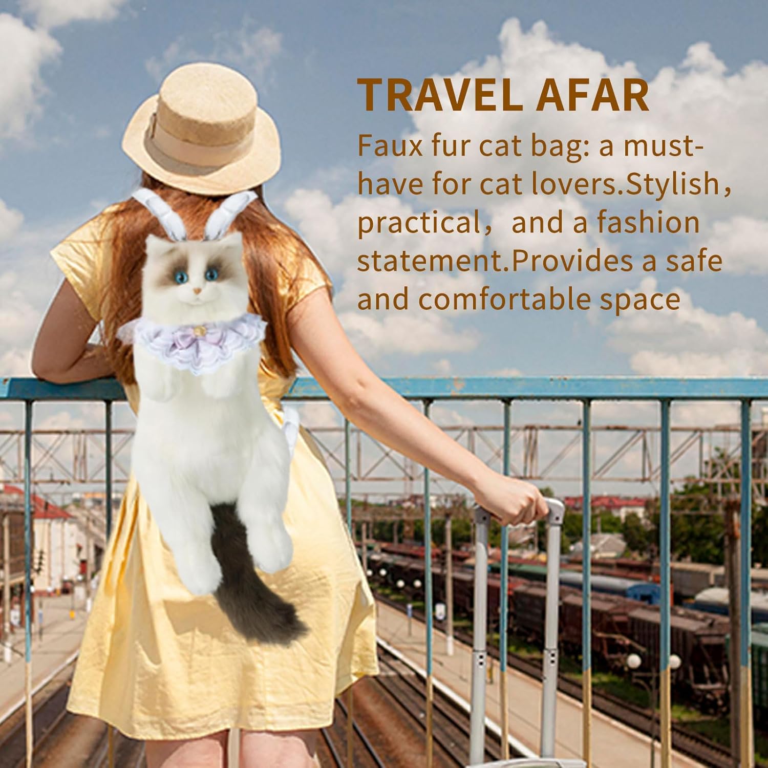 Stuffed Cat Backpack - Cute plush Backpack Toy, Handcrafted Realistic Cat Shaped Backpack, Plush Bag with Adjustable Shoulder, Crossbody, Backpack Straps (White)