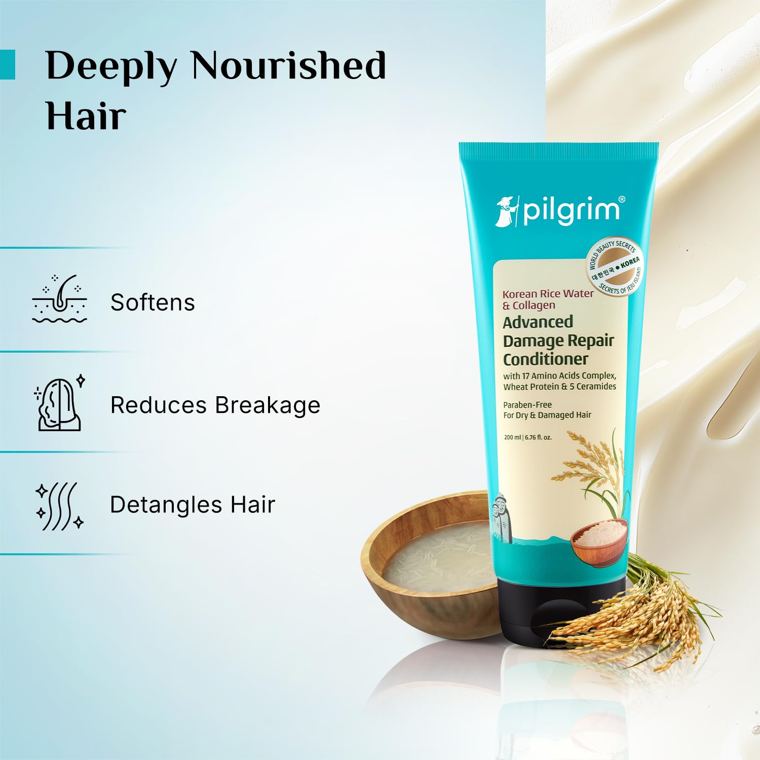 Pilgrim Korean Rice Water & Collagen Advanced Damage Repair Conditioner - 200ml | With 17 Amino Acids, Wheat Protein & Ceramides | Paraben-Free | Deep Nourishment & Shine I For Women & Men - Image 3 thumbnail