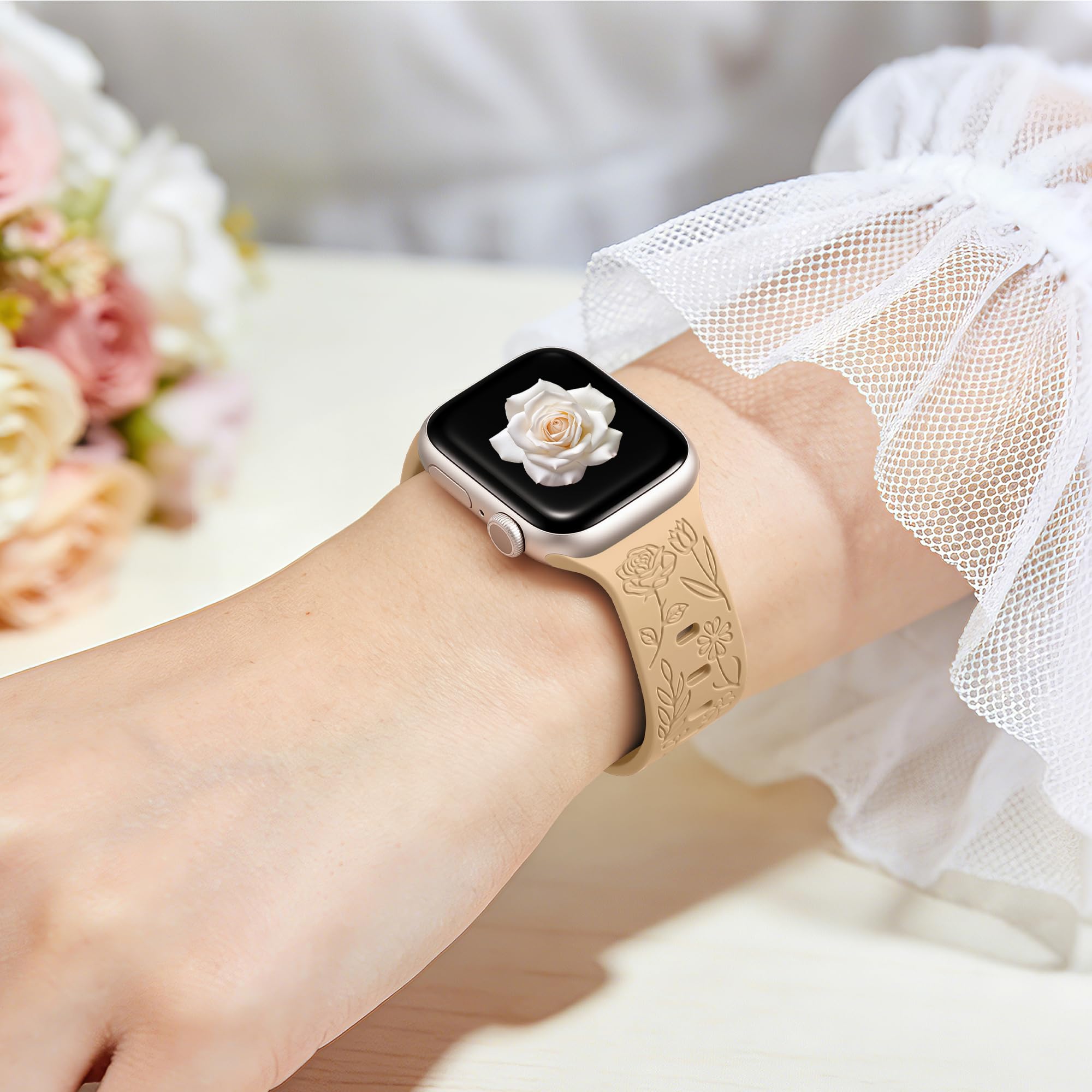 Bracelet magnétique en silicone à motif floral compatible avec les bracelets Apple Watch pour femme 40 mm, 42 mm, 41 mm, 38 mm, 44 mm, 45 mm, 46 mm, 49 mm, bracelet magnétique de sport à motif floral