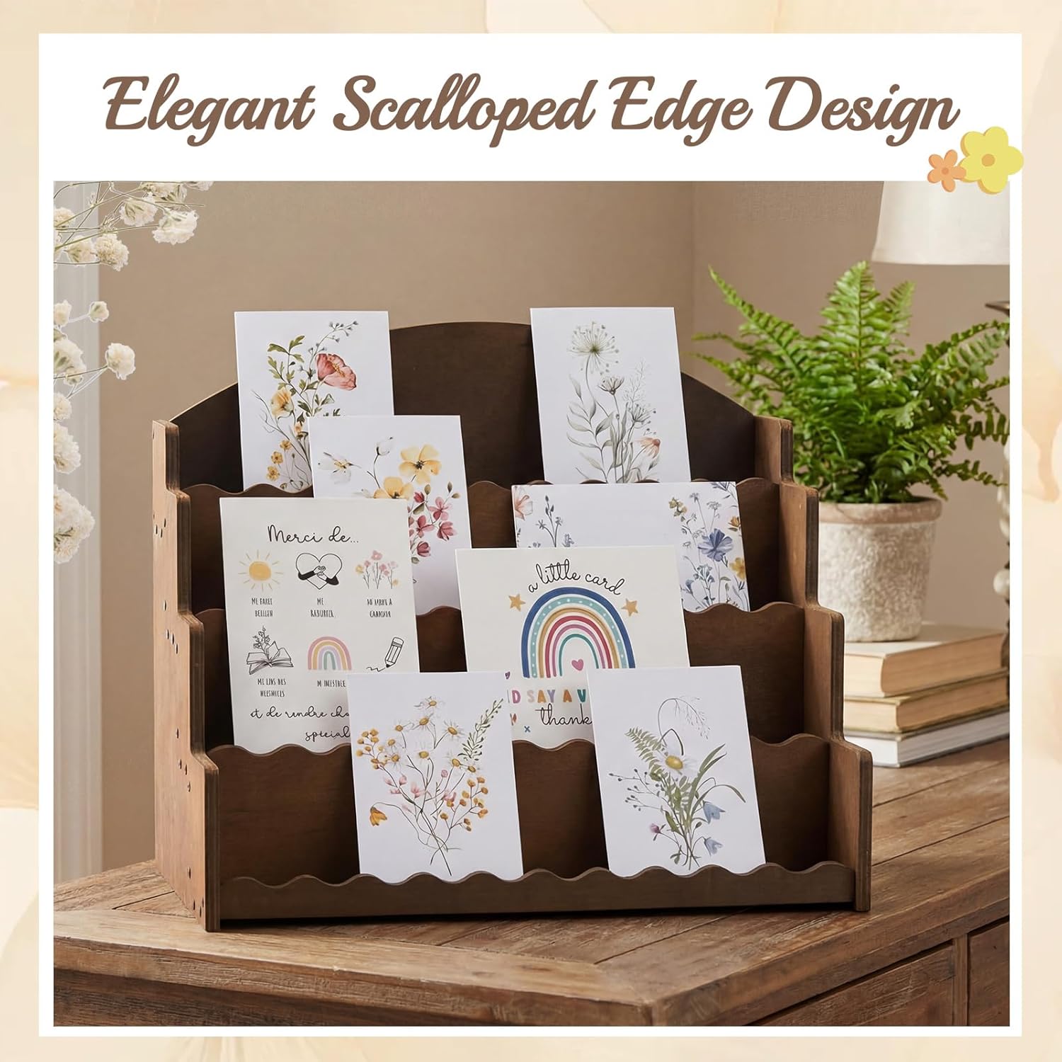 Gerrii Scalloped Greeting Card Display Stand Holder 4-tier Wooden Vintage Sticker Display Stand Greeting Card Organizer Holder Rack for Cards, Sports Cards, Postcards, Stickers & Brochures, Brown