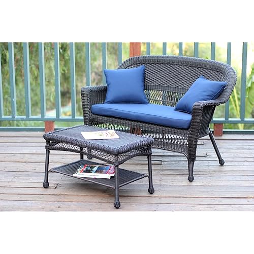 Jeco Wicker Patio Love Seat and Coffee Table Set with Blue Cushion, Espresso