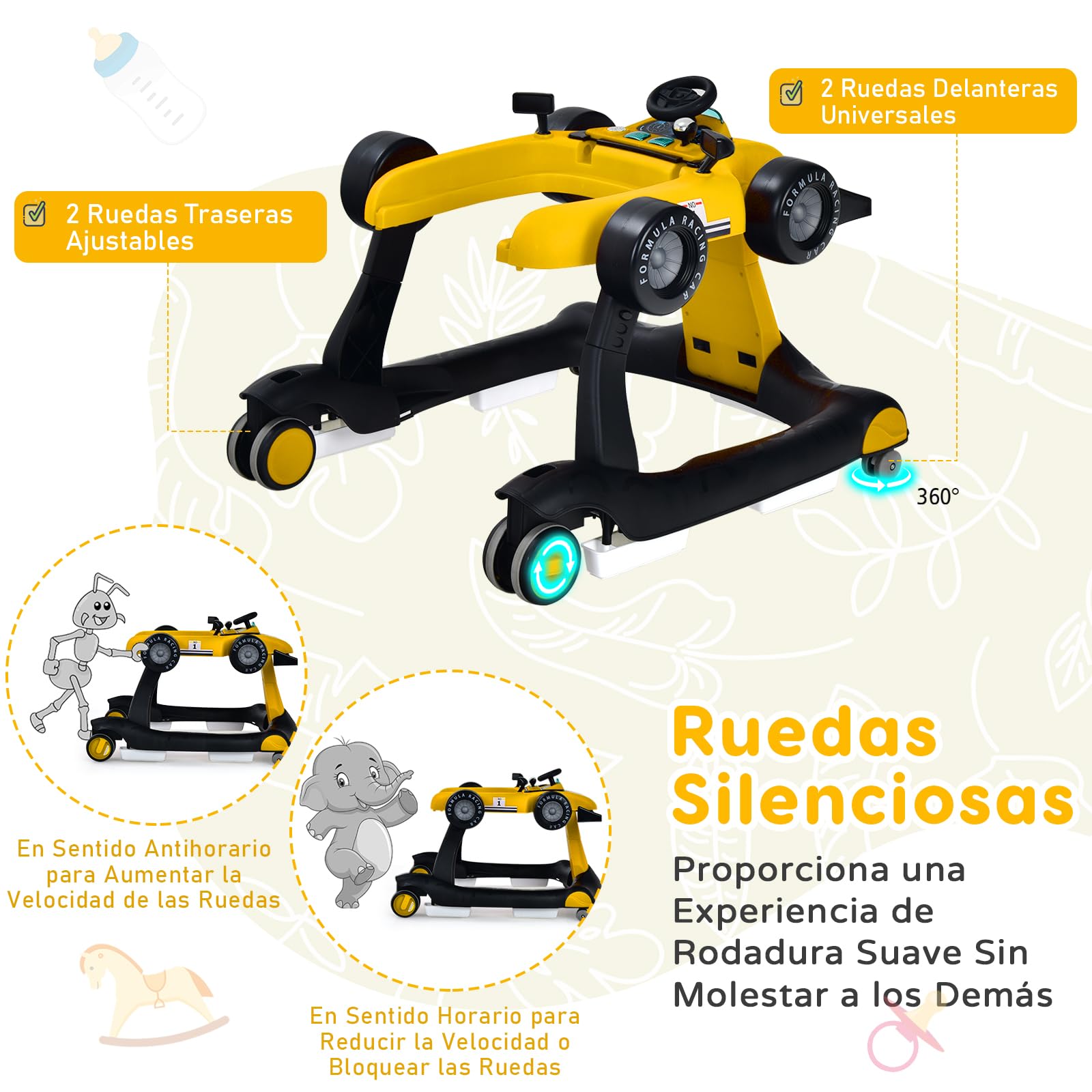 RELAX4LIFE 4 en 1 Andador para Bebés 6-18 Meses, Andador Plegable con Altura Regulable en 3 Niveles, Tacatá Bebés con Luces, Sonidos y Velocidad Controlable, 64 x 73 x 50,5-55,5 cm (Amarillo)