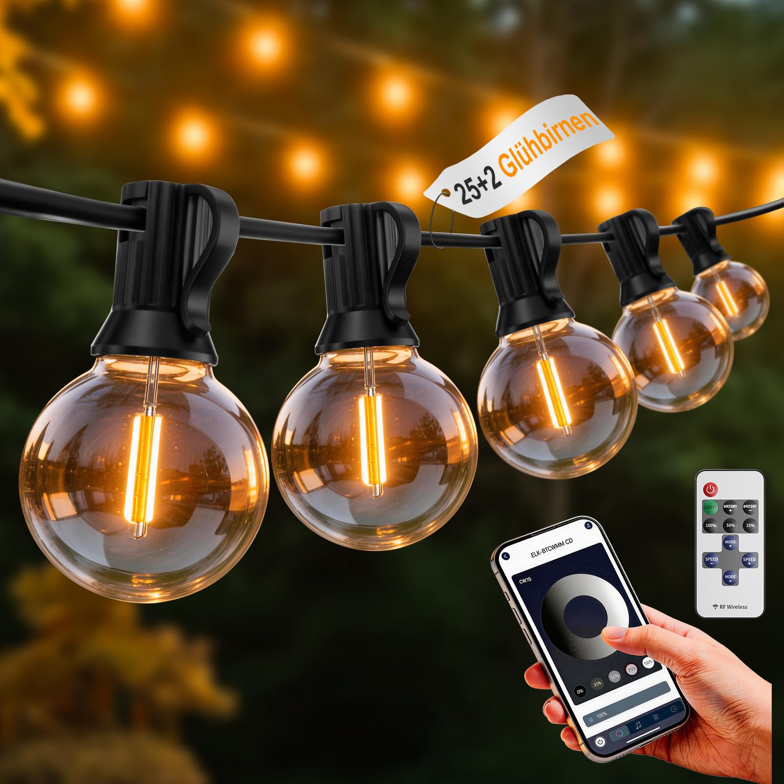 Brilvibera DE G40 Lichterkette Außen Strom LED Outdoor Mit Fernbedienung & App-Steuerung Dimmbar
