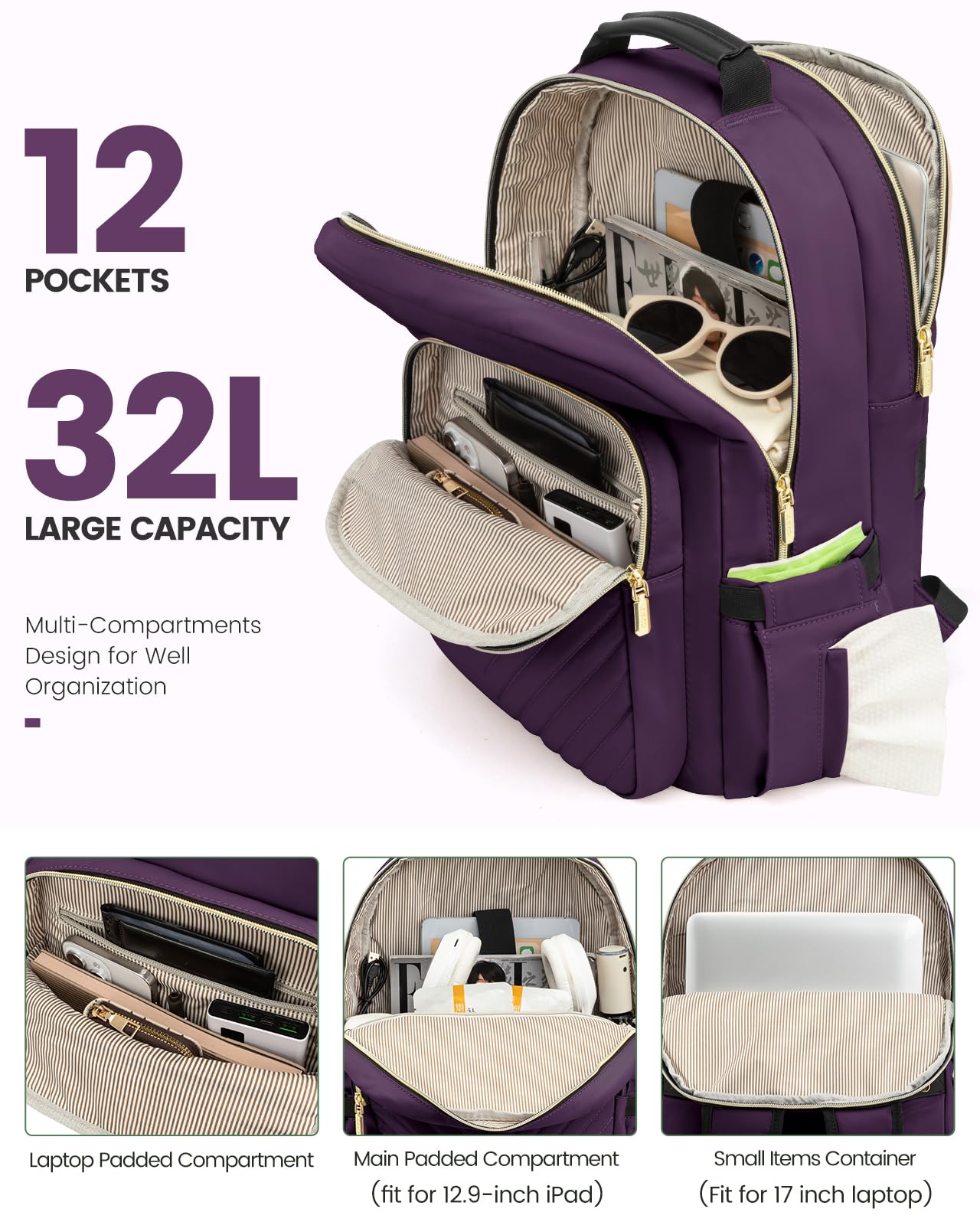 LOVEVOOK Laptop Backpack for Women, Travel Computer Work Bags with 17-inch Laptop Compartment, College School Student Bag Teen Backpacks For Girls, Outdoor Carry On Backpack Purse, Deep Plum : Electronics