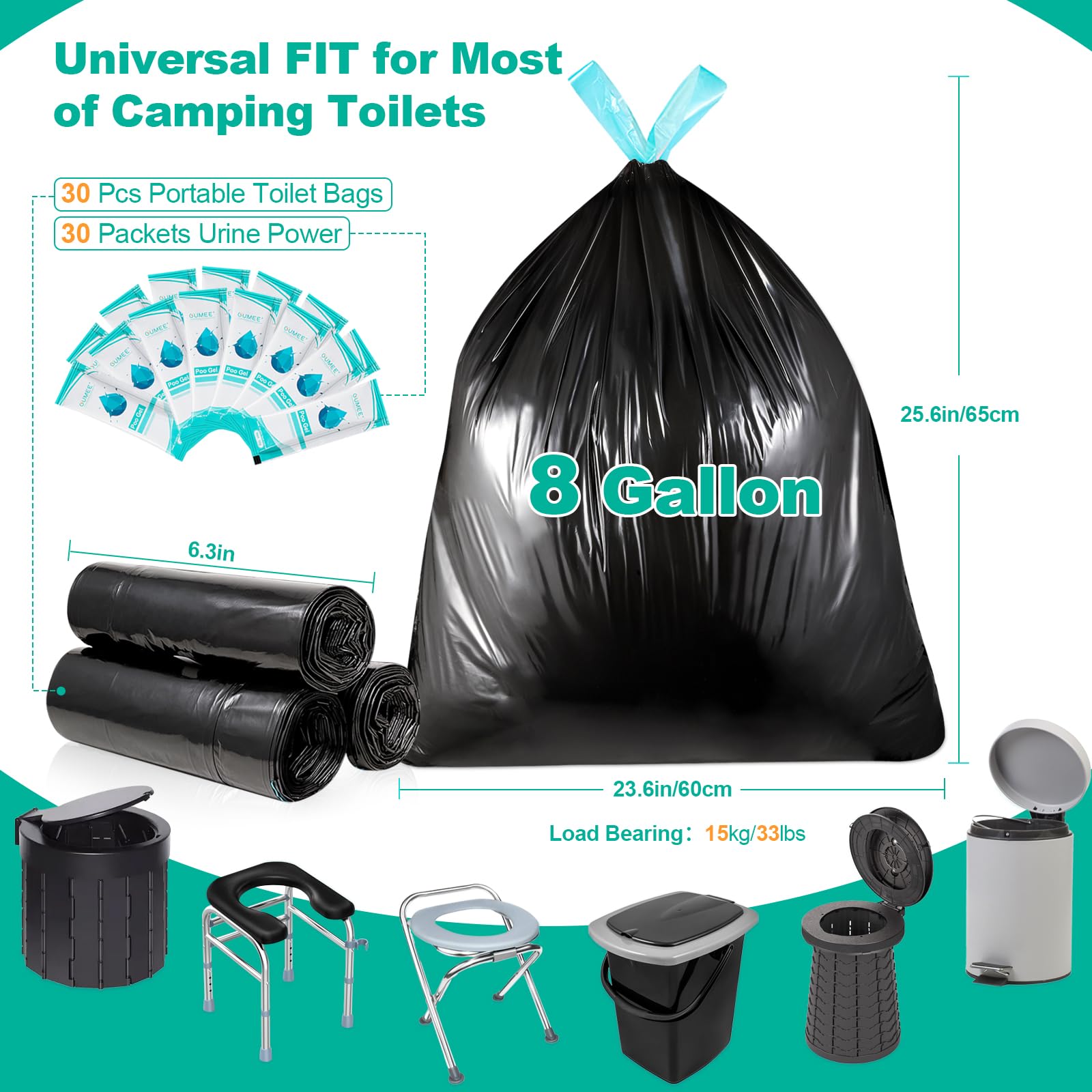 60 Portable Toilet Bags with Poo Gel Set, 8 Gallon Camping Toilet Bags with Absorbent Gels, Waste Bags, Leak-Proof Trash Bag for Camping Potty, Traveling