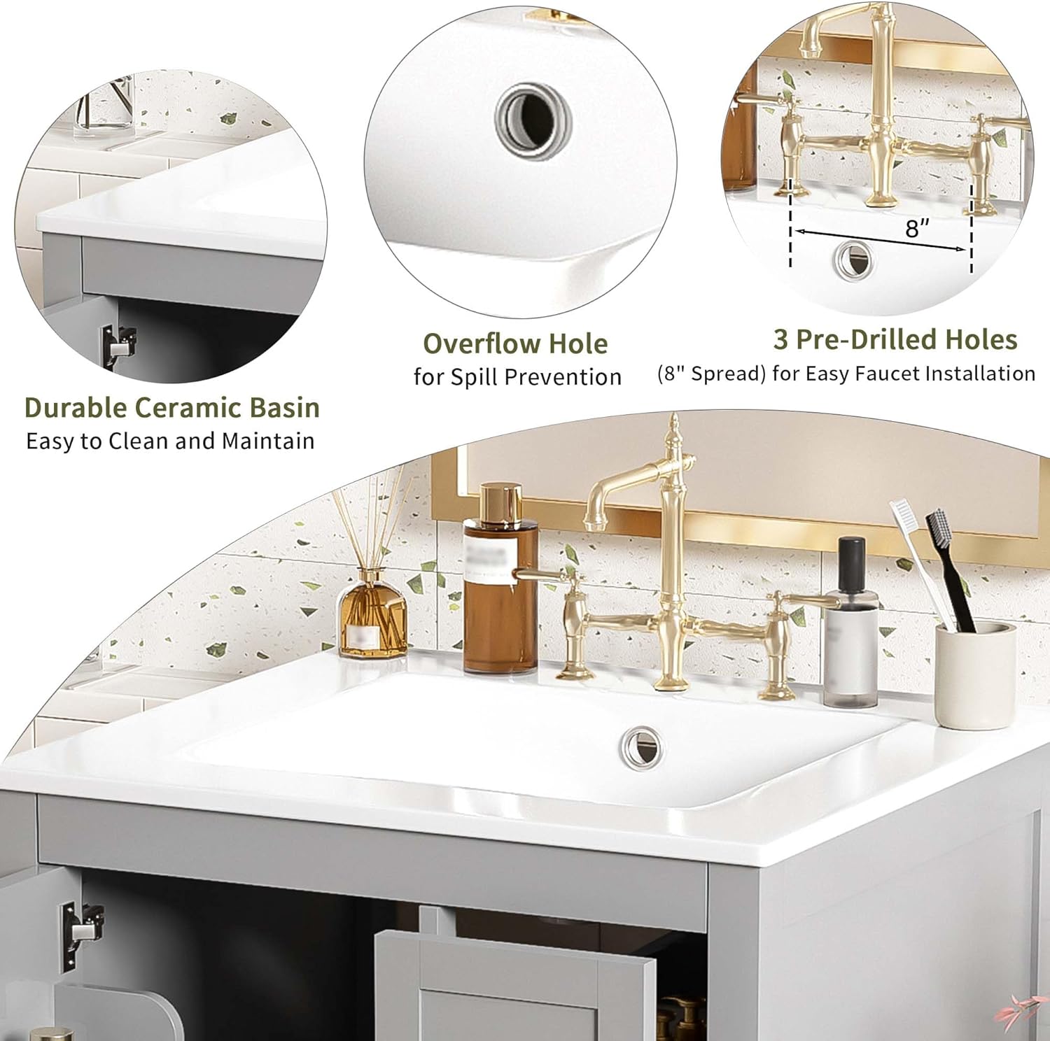 24 Inch Bathroom Vanity with Ceramic Sink, Modern Bathroom Cabinet with Soft-Close Door, 3 Drawers & Double Layer Shelf, Solid Wood Frame for Small Bathroom or Powder Room, White (Gray)