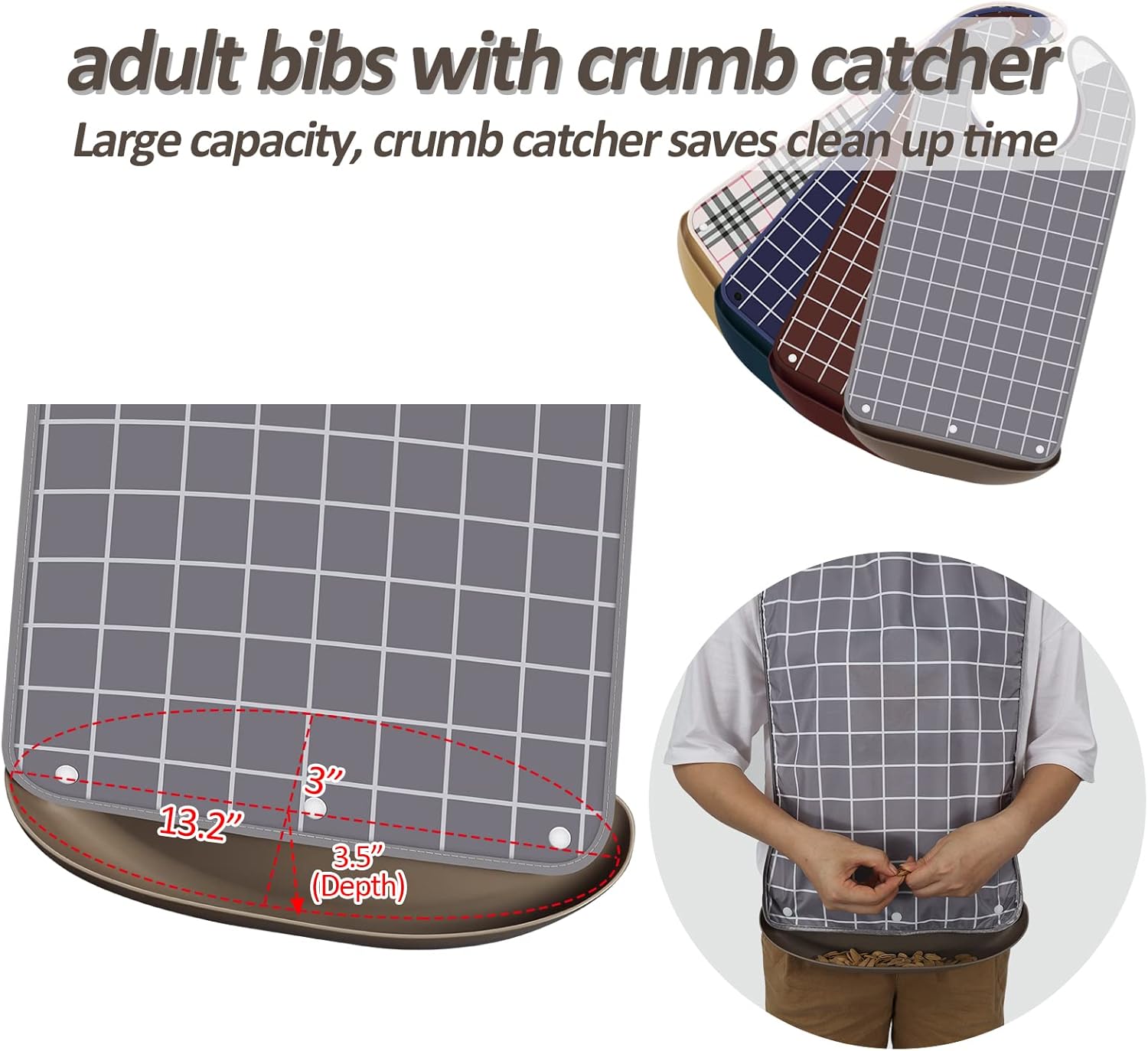 Bravace 4 Pack Adult Bibs for Eating Waterproof Clothing Protector with Detachable Crumb Catcher Adult Bibs for Women and Men