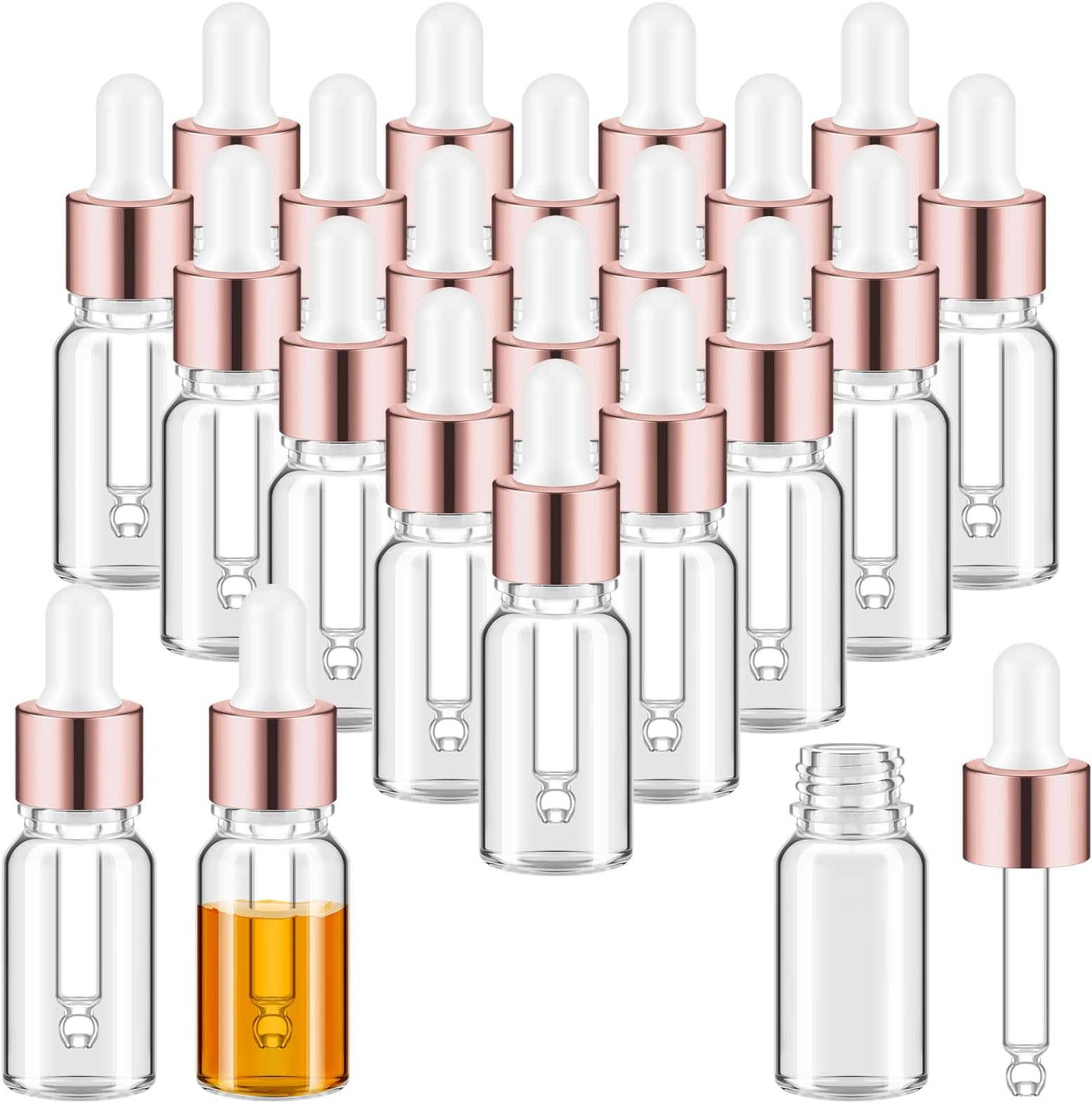 Didaey 100 Pcs Mini Glass Oil Dropper Bottle Bulk, Clear Essential Small Empty Bottles Sample Containers Perfume Liquid Vials with Cap for Traveling (10 ml,Rose Gold)