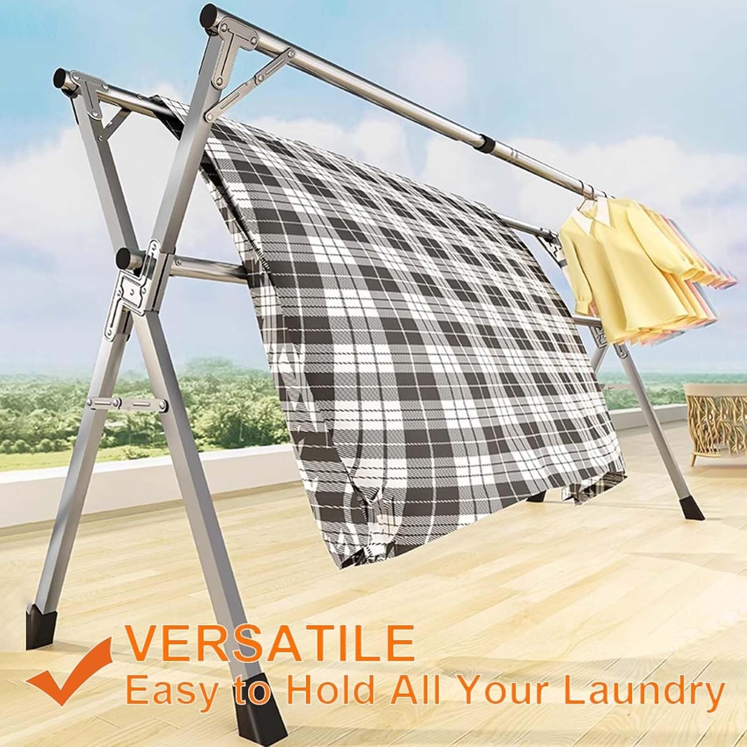 Collapsible Stainless Steel Clothes Drying Rack with 20 Windproof Hooks, Adjustable Foldable Laundry Dryer for Indoor & Outdoor Use(Without Wheels,160cm/63in)