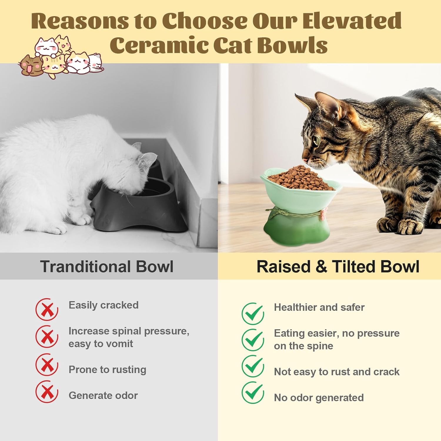 4Pcs Ceramic Raised Cat Bowl Elevated Cats Bowls Tilted Cat Food Dishes Pet Bowl Stand Feeder Cute Cats Bowl for Kittens Puppies Small Dog Whisker Fatigue Protect Kitten Spine