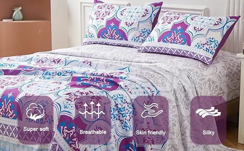 Boho Sheet Set Queen Size Floral Purple Bed Sheet Bohemian Fitted Sheet Mandala Bed Sheets Set 4 Piece For All Season - 1 Flat Sheet,1 Fitted Sheet,2 Pillowcases #TOP3