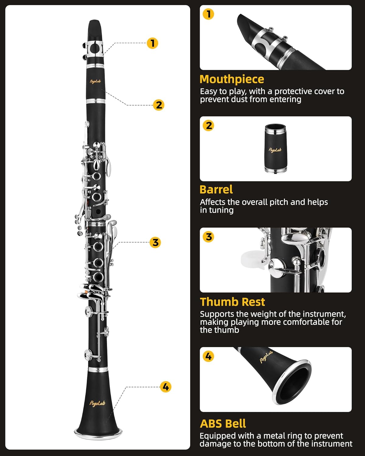 POGOLAB B Flat Clarinet, 17 Keys, ABS Material, Nickel-plated, with Carrying Case, Stand, 10 Reeds, Gloves and Cleaning Kit, for Students and Beginners
