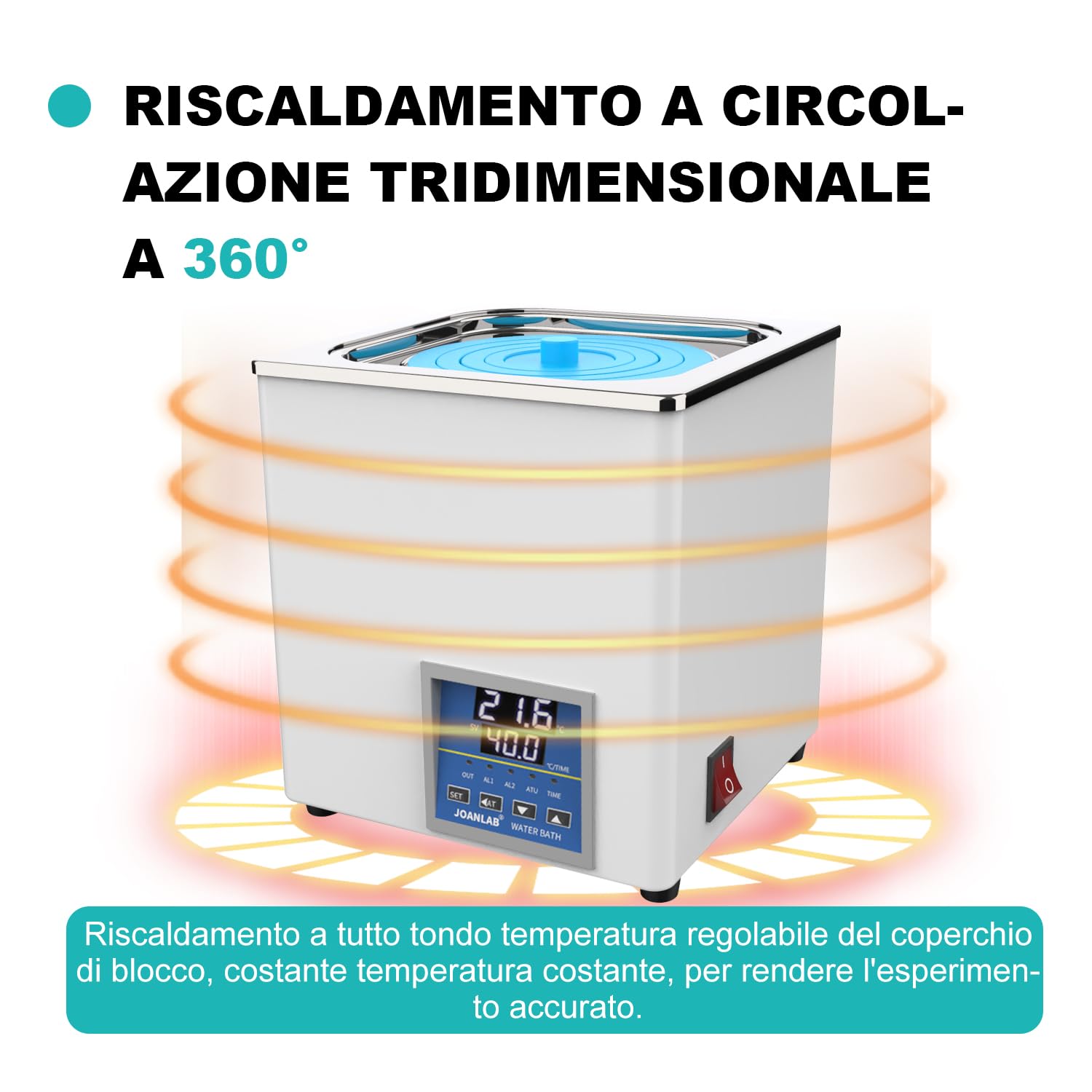 JOANLAB Bagnomaria da Laboratorio 3L, 300W - Singola Apertura, Acciaio Inox - Termostato Digitale ±0,1°C - Timer 0-99 Min - Display LED