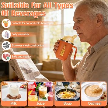 3 in 1 Beakers for Elderly 400ml, Non Spill Cups for Elderly, with 30cm Long Straw, Handle and Leakproof Lid, Adult Sippy Cups for Bedridden Seniors, Dysphagia & Disability Care (Orange)