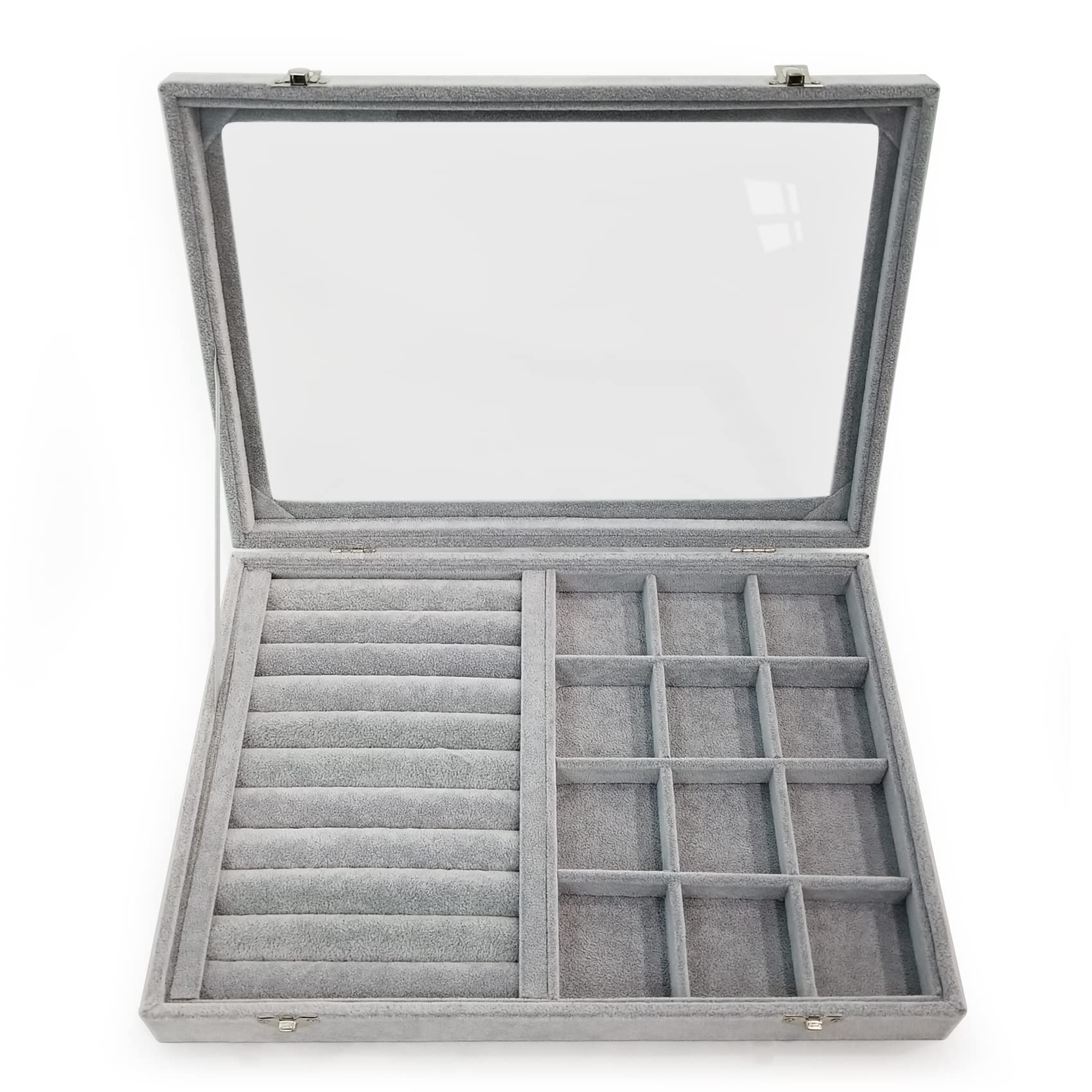 Caja organizadora de anillos de terciopelo de hielo, 12 rejillas, bandeja de joyería con tapa transparente y cerradura gris