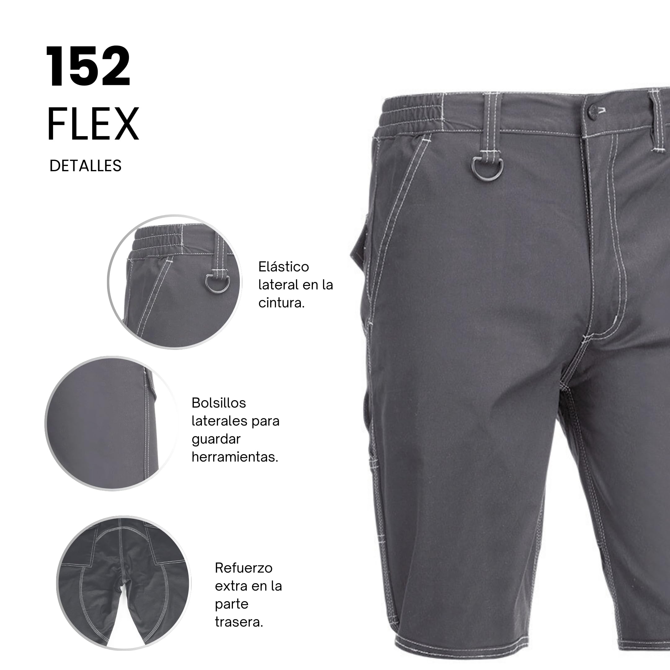 Juba Pantalón Corto Multibolsillos 68% algodón, 30% poliéster y 2% Elastano, 260 g/m², Gris, M