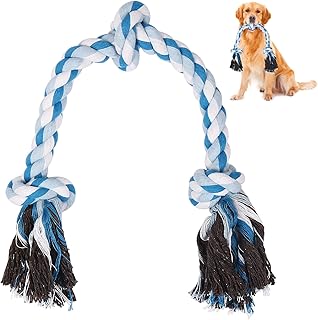 SZEETECH Dog Rope Toy, 63cm 3 Knots Chew Pull Toy for Large and Medium Dogs, Natural Cotton Pull Rope for Tug of War and Teeth Cleaning (Blue)