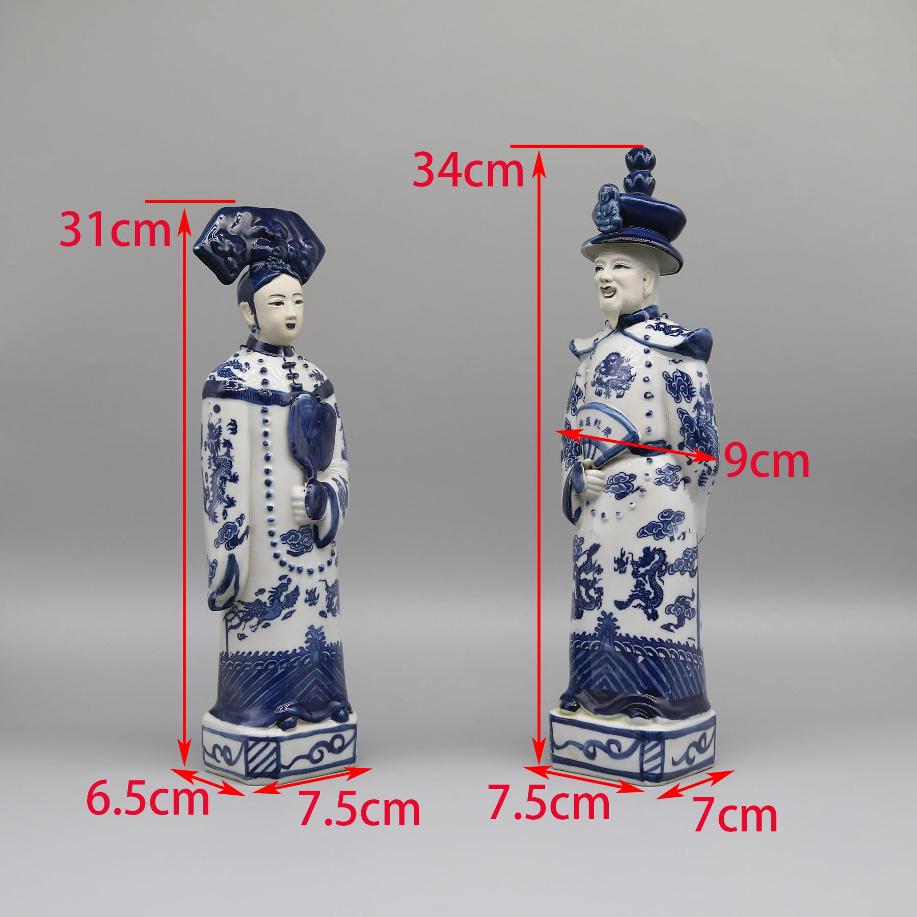 Eastern tide Set di 2 statuine tradizionali in porcellana blu e bianca dell'imperatore cinese e dell'imperatrice cinese, statue decorative in ceramica