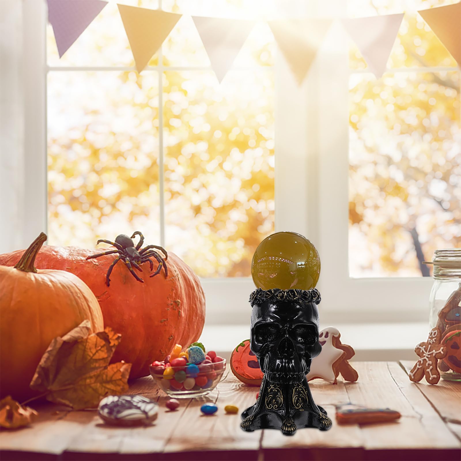 Escultura de Calavera de Resina Negra Base Soporte para Bola de Cristal, Decoración Única para Fiesta de Halloween y Hogar