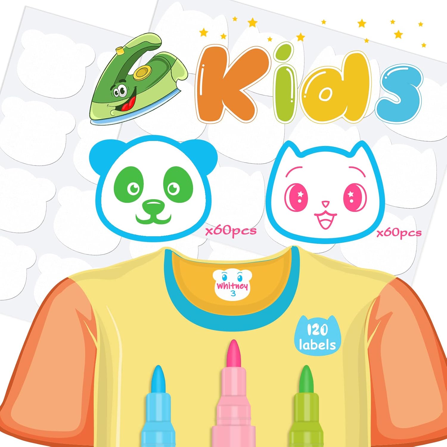 120PCS Iron on Kids Clothing Labels, 1.2x1.2inch Panda&Kitten Waterproof Name Labels Writable Fabric Labels for Daycare with 3 Permanent Fabric ...