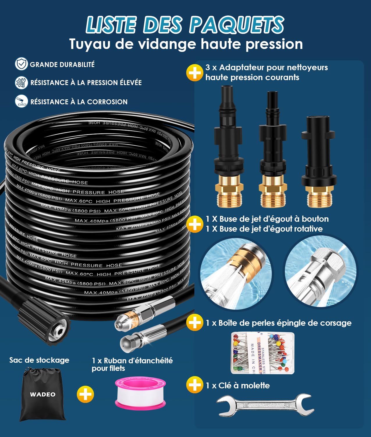 WADEO Tuyau de Nettoyage Haute Pression 30M, 400 Bar/5800 PSI, Compatible Kärcher K2 K3 K4 K5 K6 K7, Lavor, Bosch, Parkside - Kit Nettoyage Pro avec 2 Buses et 3 Adaptateurs pour Usage Domestique