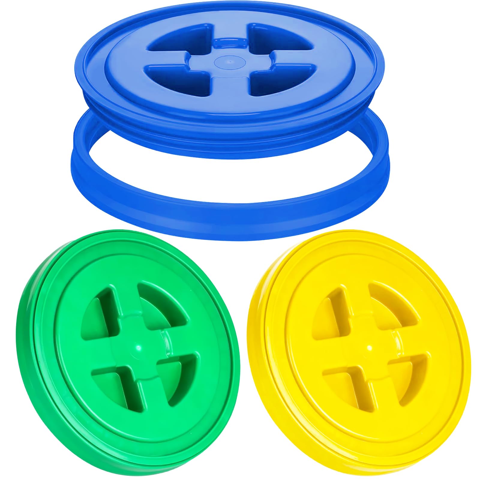 3 Pieces 5 Gallon Bucket Lids, 12 Inch Plastic Gamma Seal Lids, Leak Proof Screw Pail Lid Sets for Cereals Grain Pet Food Coatings Paint Storage Buckets, Yellow, Blue, Green