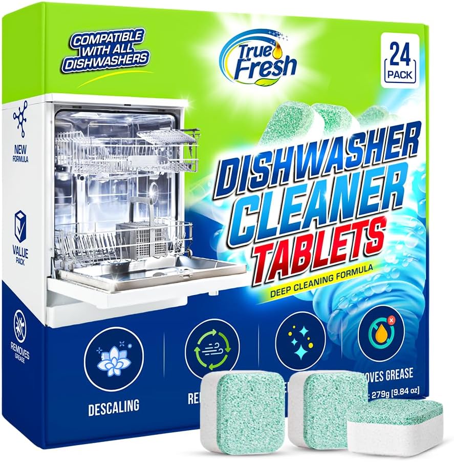 True Fresh Dishwasher Cleaner & Deodorizer Tablets, 24-Pack Dishwasher Maintenance Tablets for Interior, Pump, Filter, Spray arm & Drain, Helps Remove Grease, Limescale & Mineral Buildup 1-Year Supply