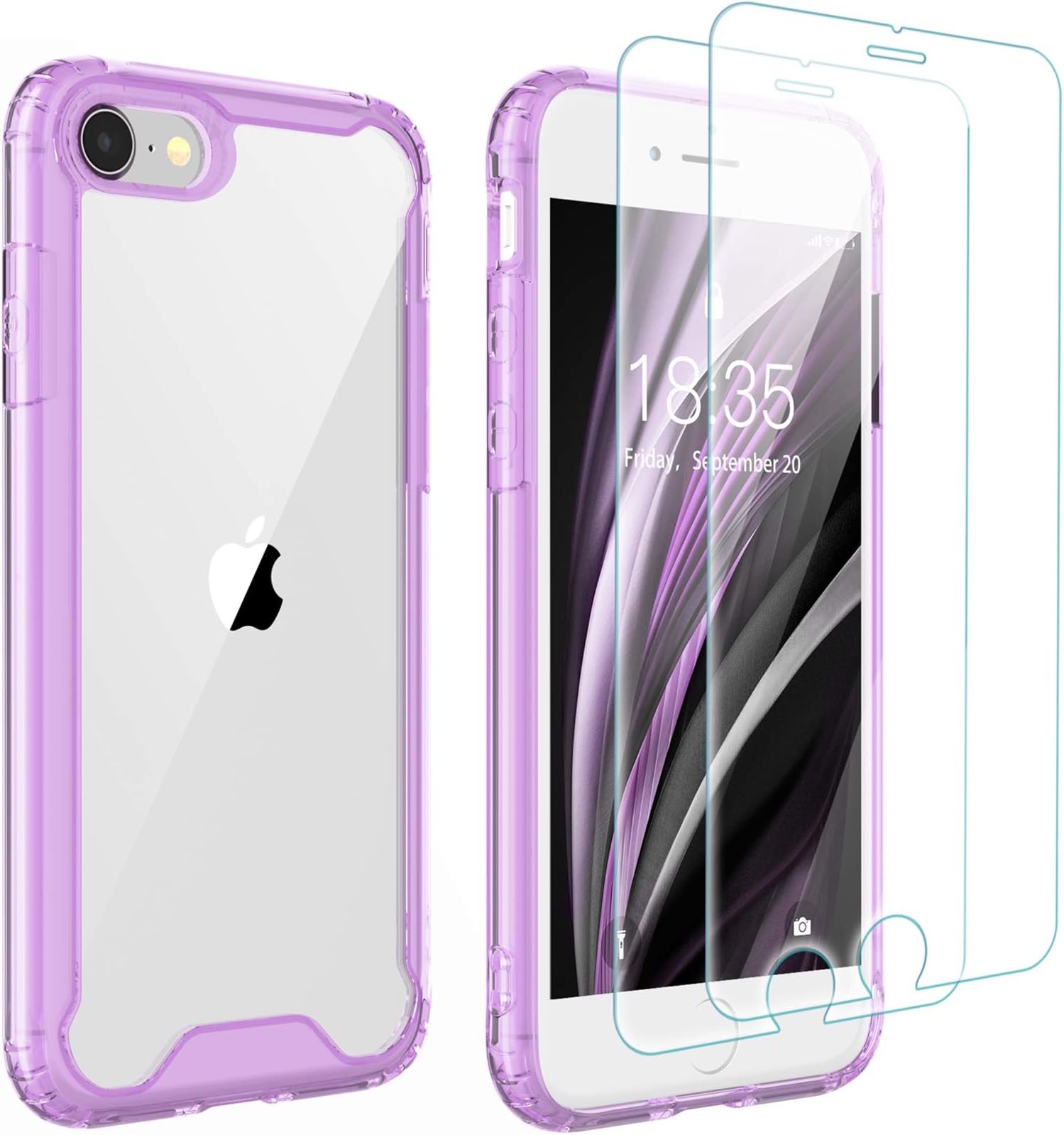 Singdo iPhone SE 2020 Case,iPhone 7/8 Case,with [2 xTempered Glass Screen Protector] Premium Clear Soft TPU + Hard PC Ultra-Clear Anti-Scratch Anti-Yellow Case for iPhone SE 2020/7/8 4.7 inch Purple