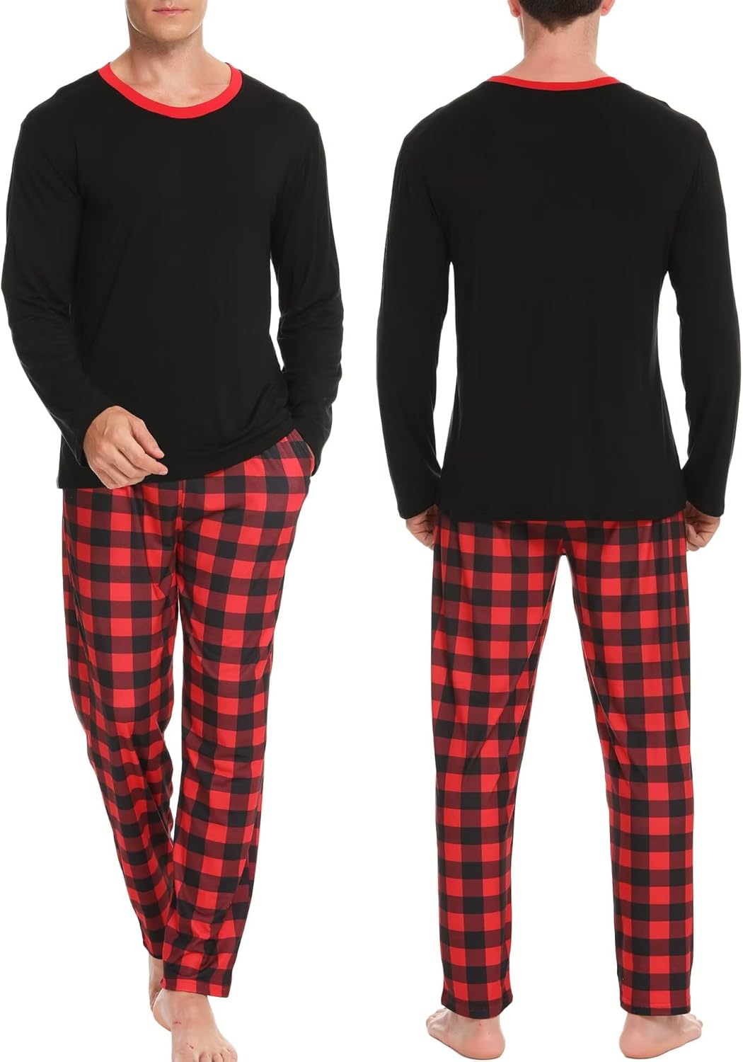 Men & Women Matching Pajama Sets for Family Couples Long Sleeve Sleepwear Plaid Striped Pants with Pockets - Image 4