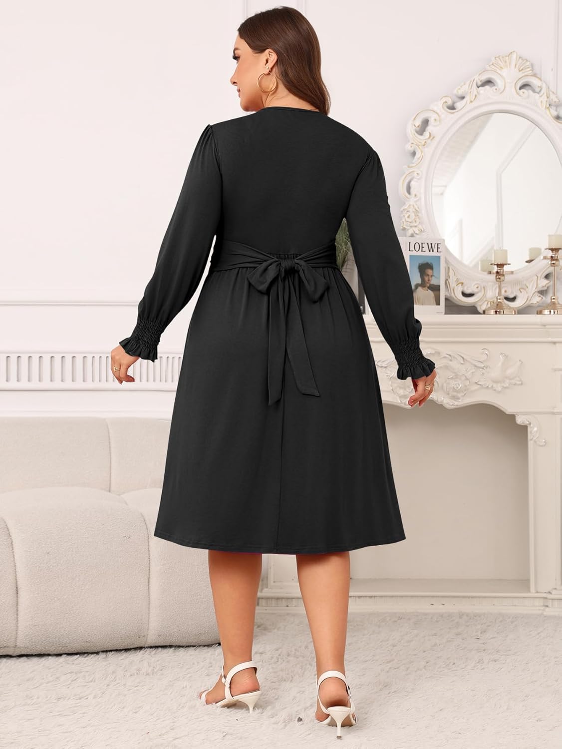 AMCLOS Women's Plus Size Casual Dress 2 Pockets Square Neck Back-Tie Crosswrap Bodice Elegant Work Business Long Sleeve - Image 2