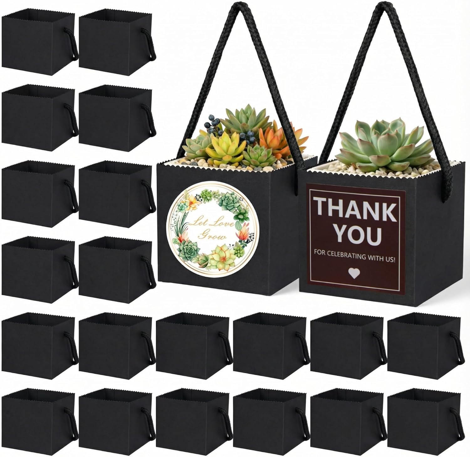 ULLIKI 2.5 Inch Succulents Wrap Bags with Thank You & Let Love Grow Stickers, Mini Succulent Gift Bags with Handles, Succulent Party Favors for Guests, Garden Party Favors for Guests (Brown 100pcs)