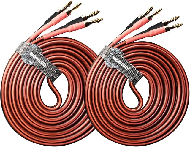 WOWLED UCINNOVATE 2 Pack High-end Pure Copper HIFI OFC Speaker Wire Cable with Banana Plug, 2m Gold-Plated Banana Tip Plugs Male to Male 600 Strand 14 AWG for Audio Speaker HIFI System (2m / 6.56FT)