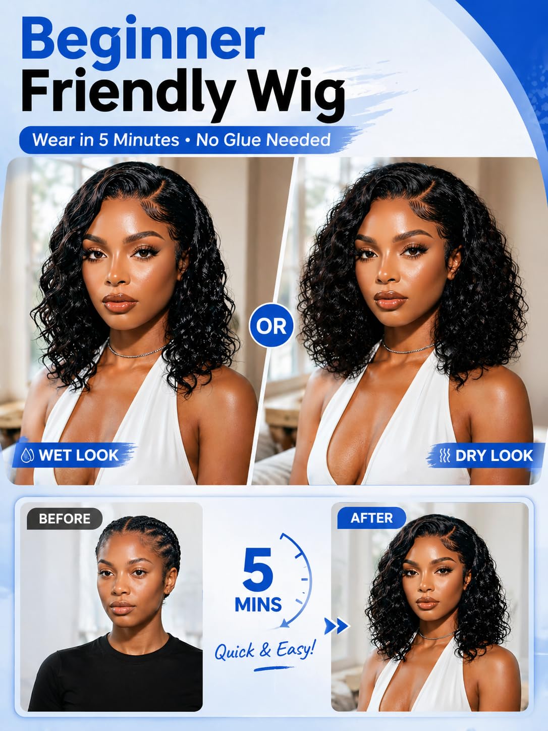 Nadula 220% Density Water Wave Bob Drawstring Wig Human Hair Side Part, Glueless Pre Cut Bye Bye Knots No Slip Wig Pre Plucked Bleached Knots,Ready to Wear Wet and Wavy Short Bob Wig 12inch thumbnail