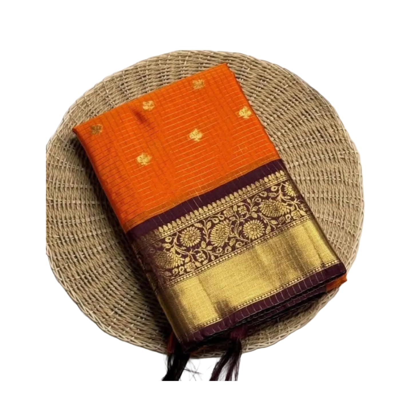 Kanjivaram Silk Saree, Orange with Dark Brown Border, Gold Zari Woven Motifs, Traditional South Indian Style-image-45