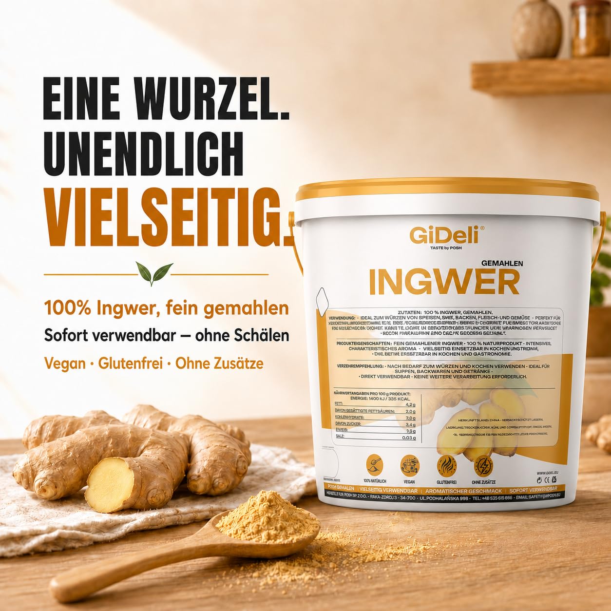 GiDeli Ingwerpulver 10kg im Eimer - Naturrein Ohne Künstliche Zusätze - Fein Gemahlen für Tee - Ingwer Shots - Smoothies und Asiatische Gerichte - Schonend Verarbeitet - Vegan