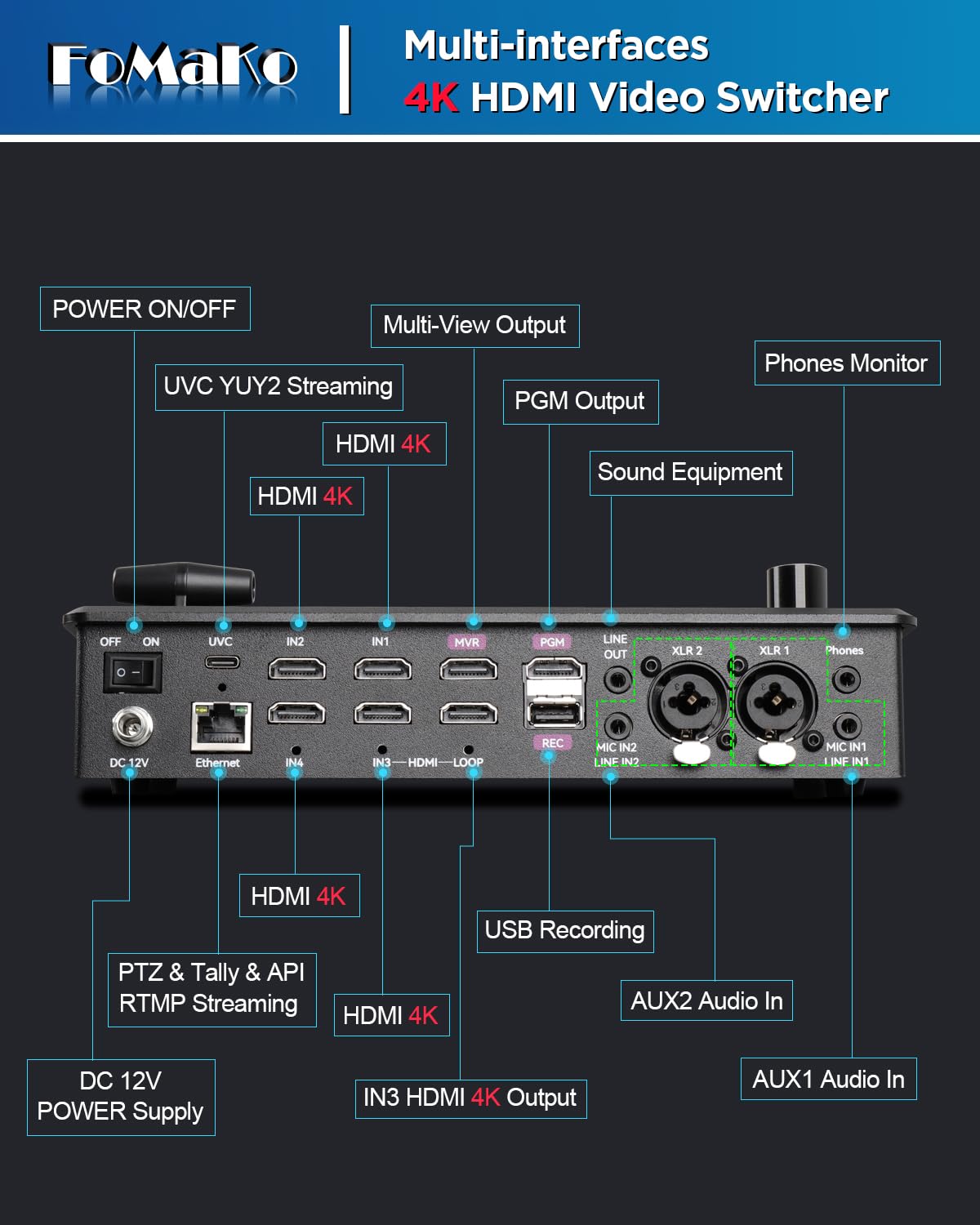 FoMaKo Przełącznik miksera wideo 4K, ekran LCD 5,5 cala, FHD, 4-kanałowy przełącznik transmisji na żywo HDMI, wejście 4K 60FPS, wyjście 1080p 60FPS, obsługa kontrolera PTZ, KC602