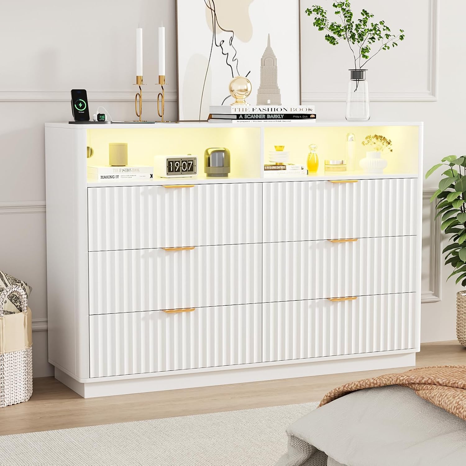 VOWNER Fluted 6 Drawers Dresser for Bedroom, 54" Wide RGB Multicolor Chest of Drawers with Charging Station, Dresser TV Stand with 2 Shelves Storage, Drawer Organizer for Living Room/Hallway, Oak