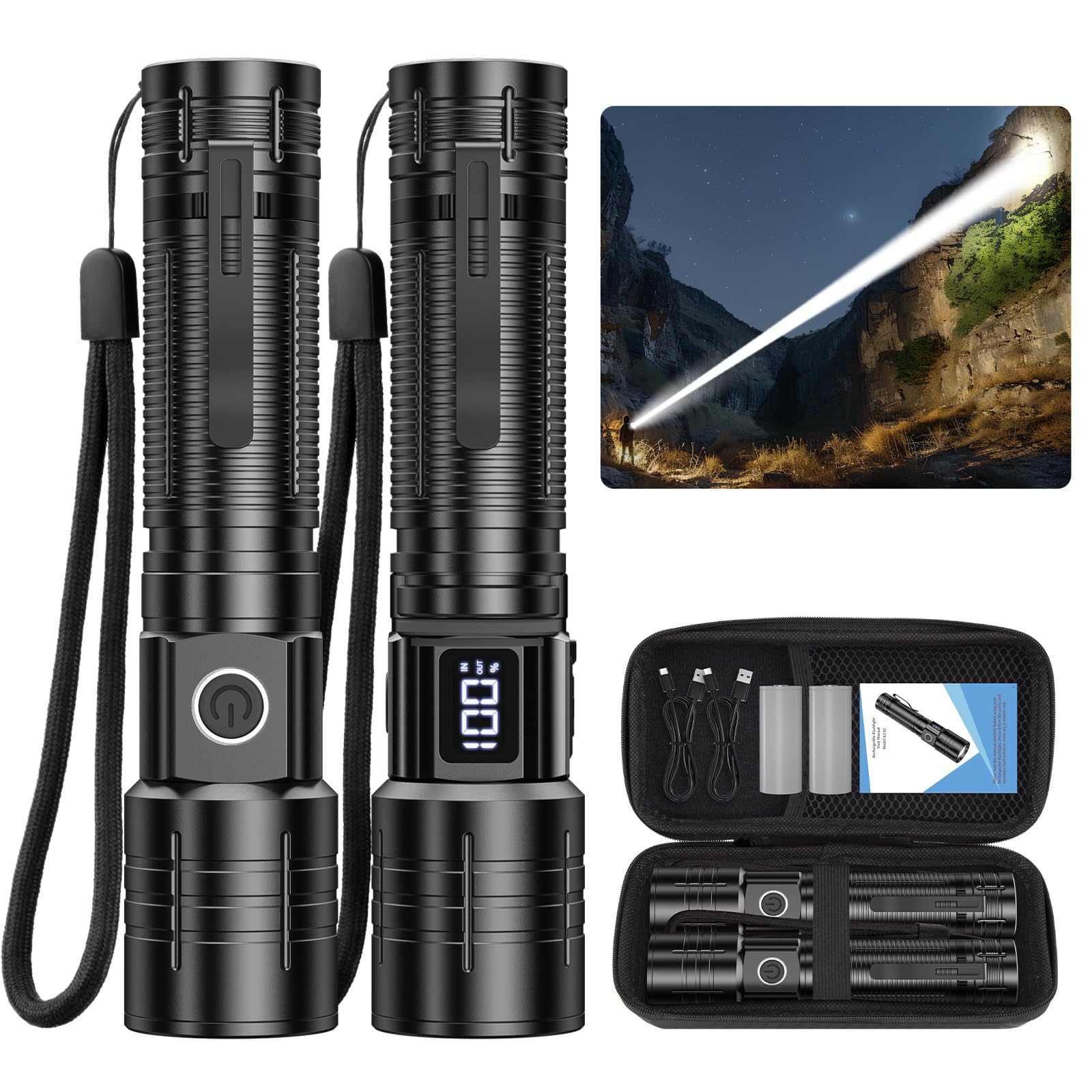 AdamStar Tactical High Lumens Flashlights, LED Rechargeable Flashlight Super Bright Flash Light with Power Display Waterproof Small Flashlights for Camping Emergencies, 6Modes Zoomable Pocket