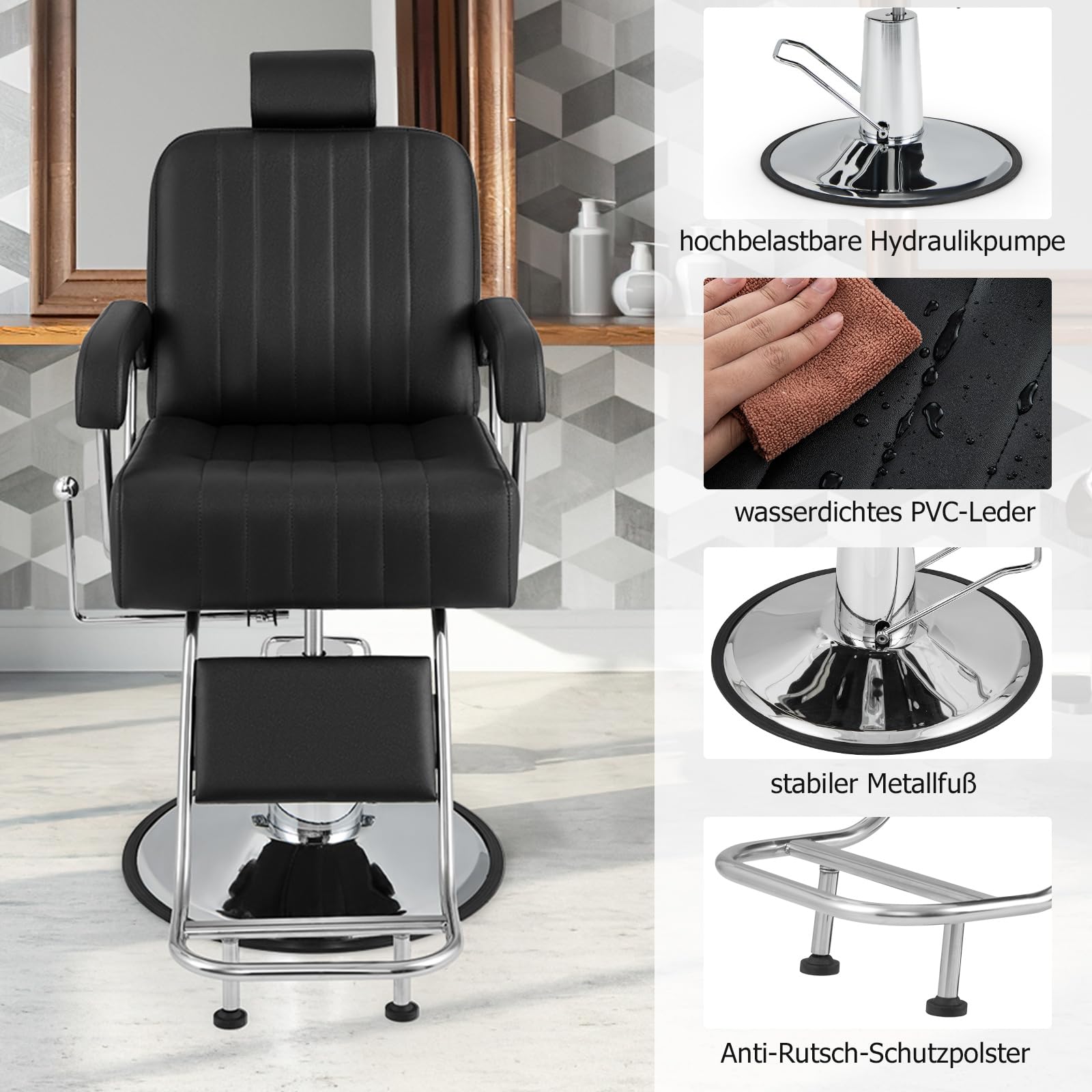 COSTWAY Friseurstuhl mit Kopfstütze & Rückenlehne, Hydraulikpumpe, Salonstuhl höhenverstellbar, Friseursessel 360° Drehung, Bedienungsstuhl belastbar bis 150kg