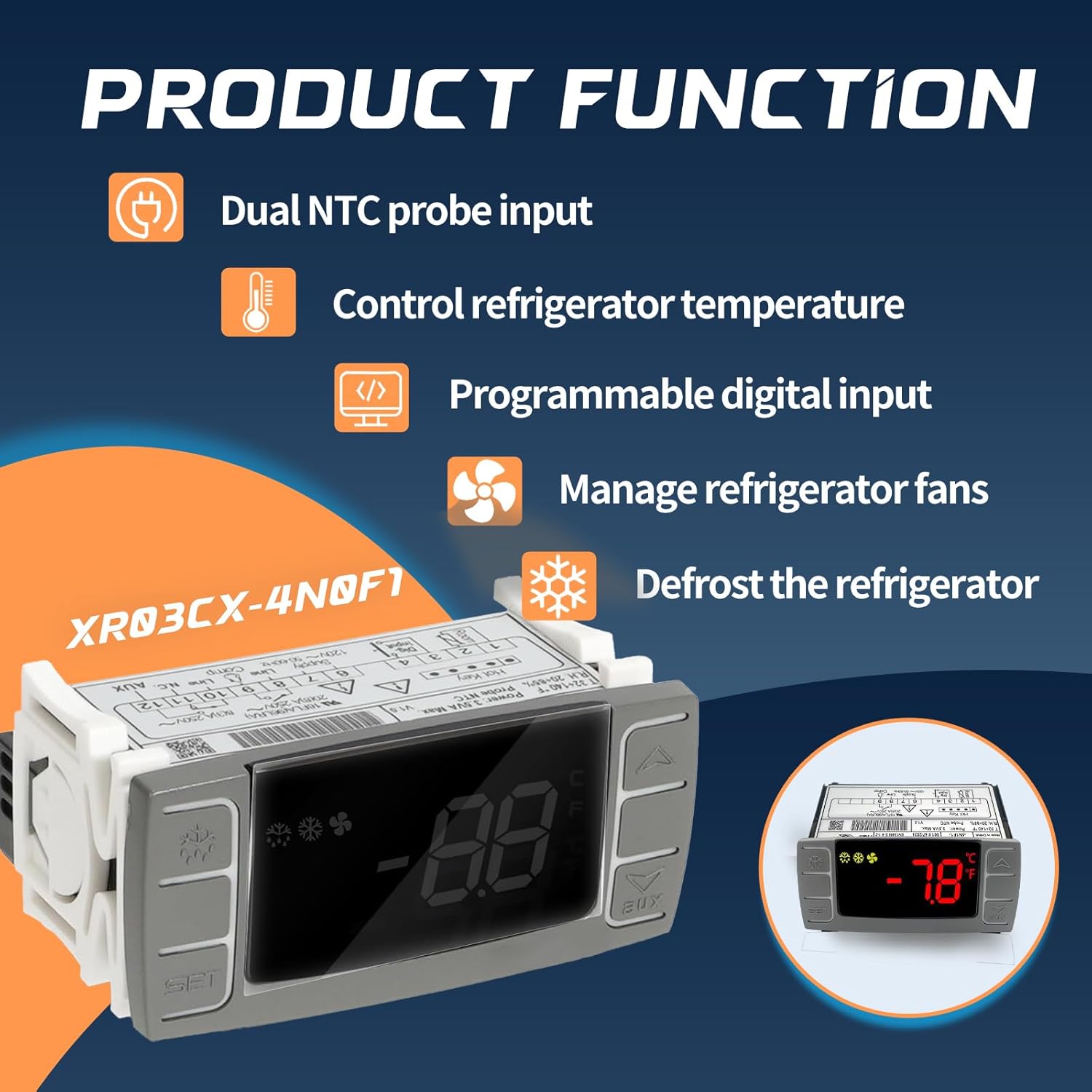 XR03CX-4N0F1 Temperature Controller with Sensor Probe, 120V Digital Thermostat Controller Compatible with Dixell Programmable Refrigerators/Freezers, Single NTC Probe + Alarm Relay