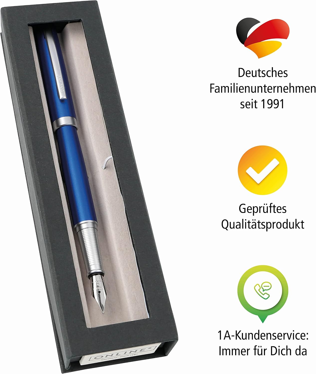 Online Eleganza Fountain Pen I Satin Blue I Nib Size M I Metal Clip I Includes Ink Cartridge I Fountain-Pen for Standard Ink Cartridges Or Converter I In Gift Box