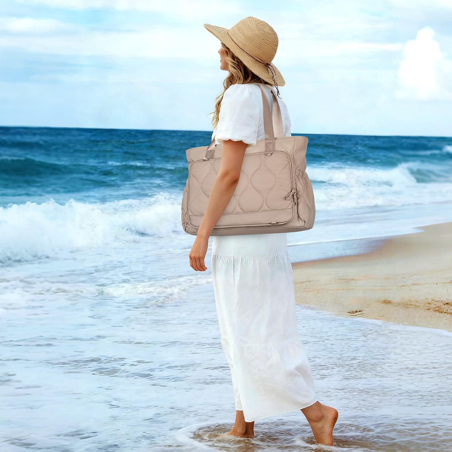 MOSISO Mini Gym Bag for Women, Small Gym Tote Puffy Quilted Sports Duffel Bag, Travel Duffle Carry On Weekender Bags with Compartment&Front Pocket for Travel, Sports, Fitness, Yoga, Brown - Image 2