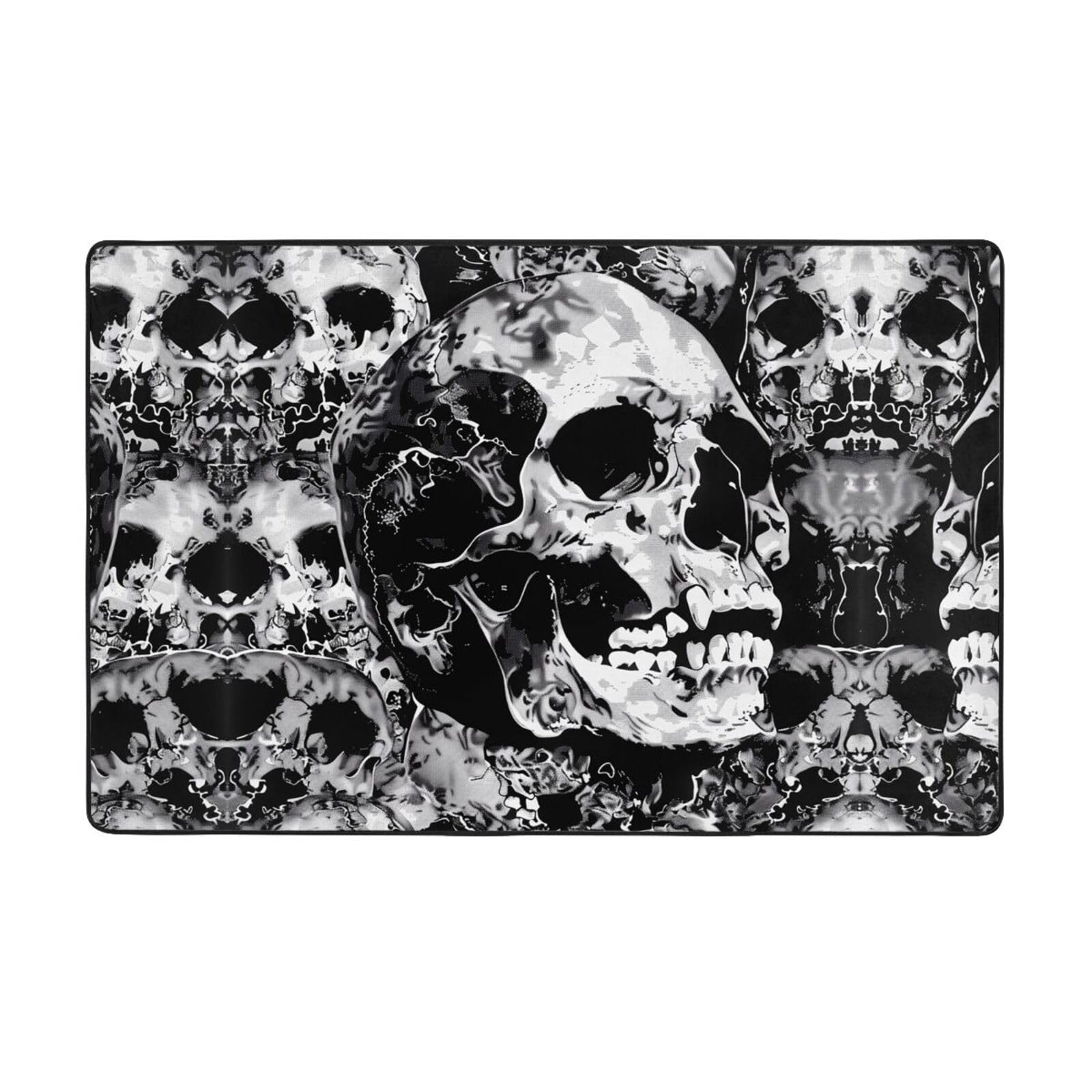 Tapis en peluche confortable à poils longs motif tête de mort noir blanc