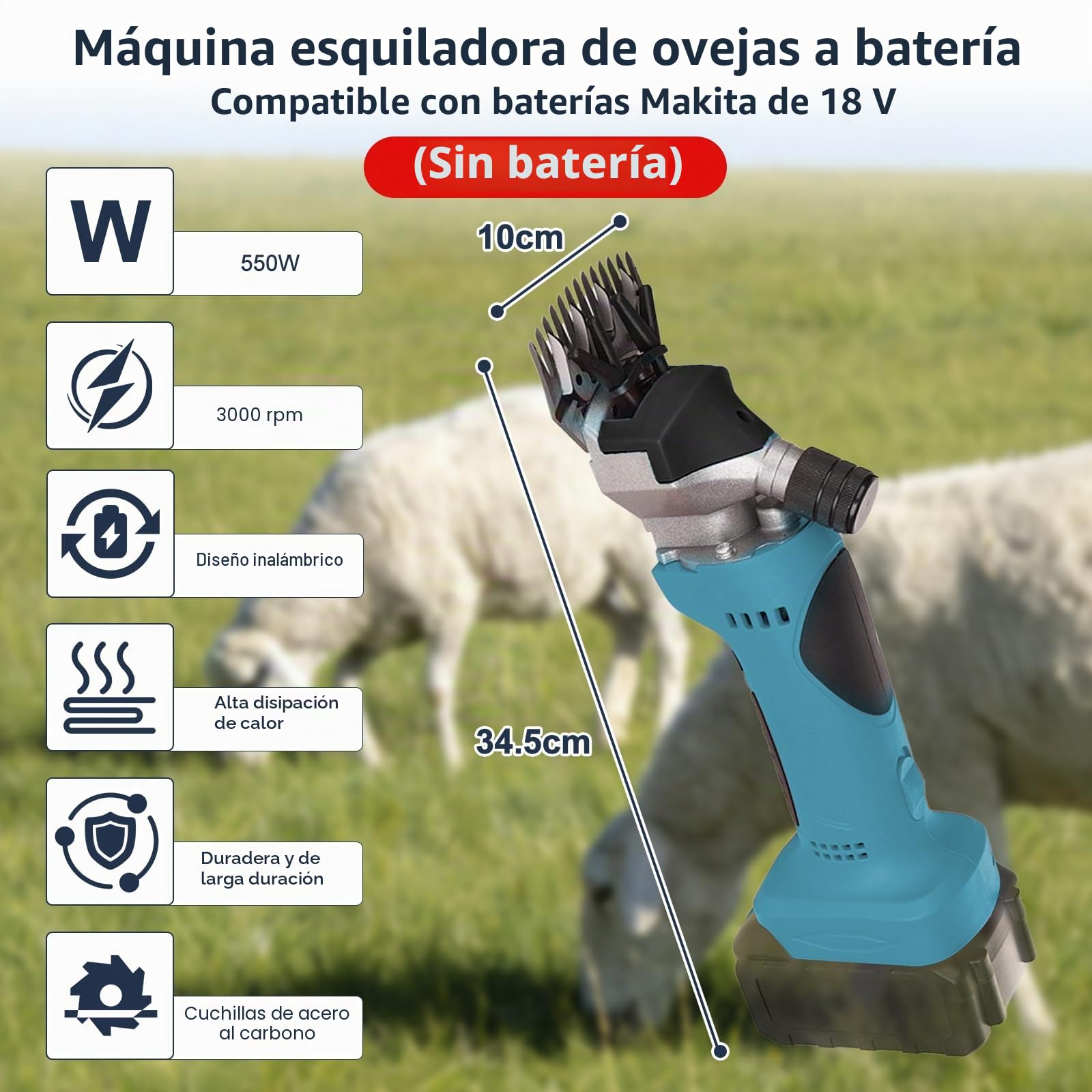 Máquina Cortapelo para Ovejas Electrica para Makita 18V Akku(Sin batería), 550W Maquina Esquilar Ovejas con Cuchillas tanto de 9 como de 13, 3000 RPM, para Oveja Ovino Alpacas Cabras