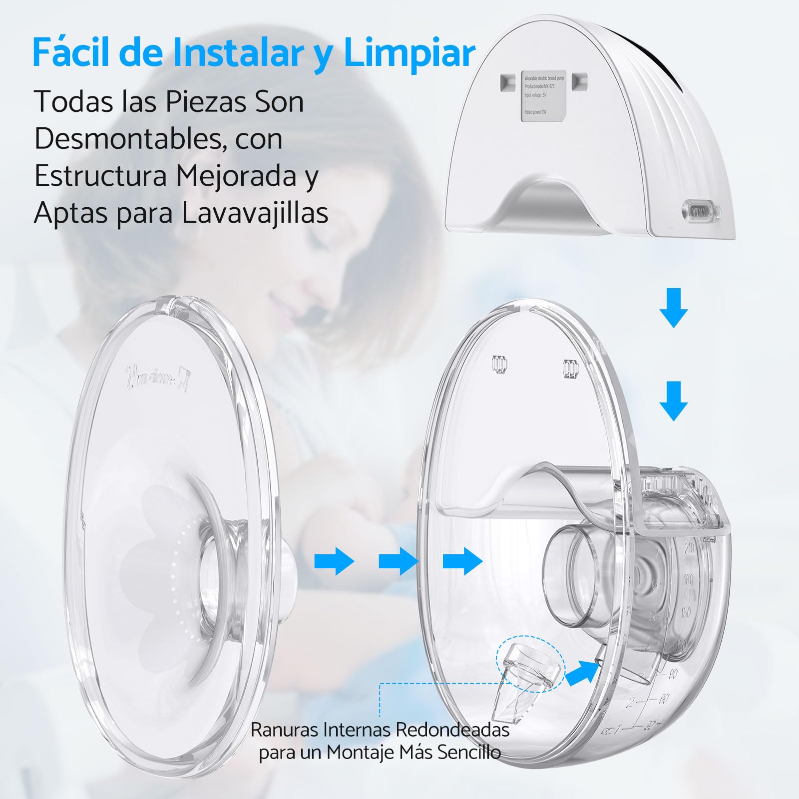 eSynic Sacaleches Eléctrico Manos Libres con 4 Modos y 12 Niveles Extractor de Leche Materna de 210ml Menos Ruido con Bridas de 24/21/19 mm a Prueba de Fugas Extractor de Leche Inalámbrico Sin BPA