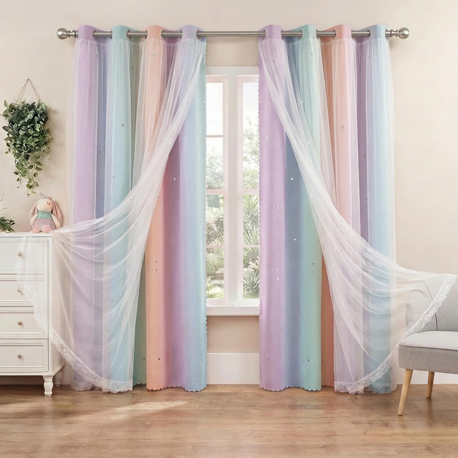 Rideaux occultants avec tulle transparent pour chambre d'enfant | Lot de 2 rideaux occultants à isolation thermique lavables en machine - 132 x 137 cm - Rose bleu violet